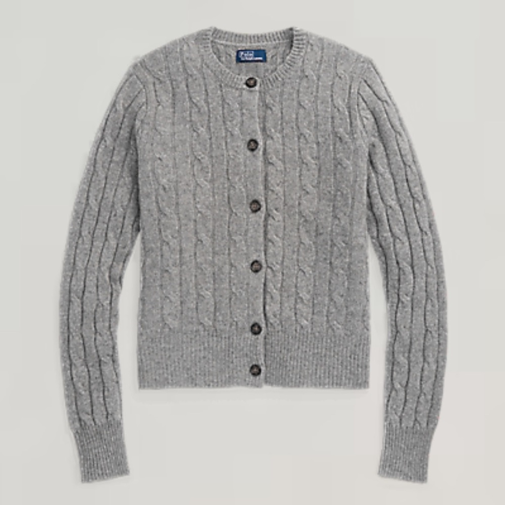 Polo Ralph Lauren Grey CASHMERE (L)Cable-Knit SFA Crewneck Cardigan -Like New - Picture 4 of 14